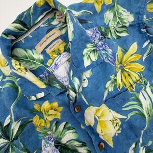 Tommy Bahama Mens Large Blue Linen Parrot Floral Tropical Camp Shirt Hawaiian